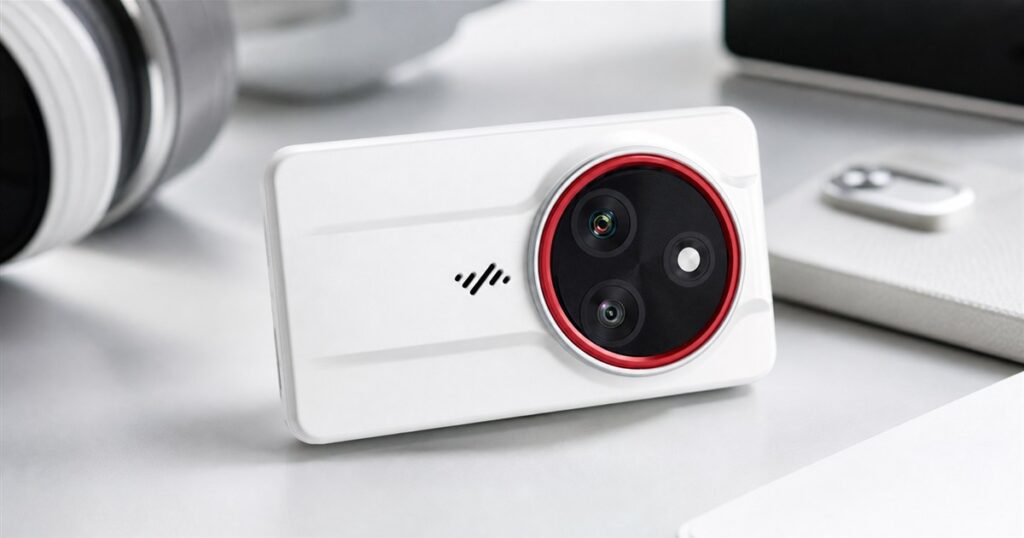 PocketTrio compact white triple-lens touchscreen camera on a clean desk