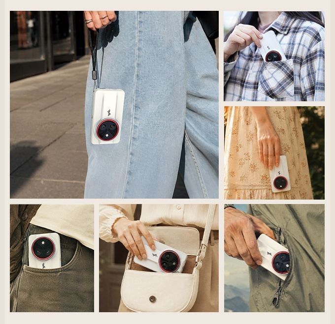 PocketTrio compact camera shown as a small portable creator camera