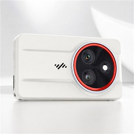 PocketTrio white compact camera with circular red-ring triple-lens module