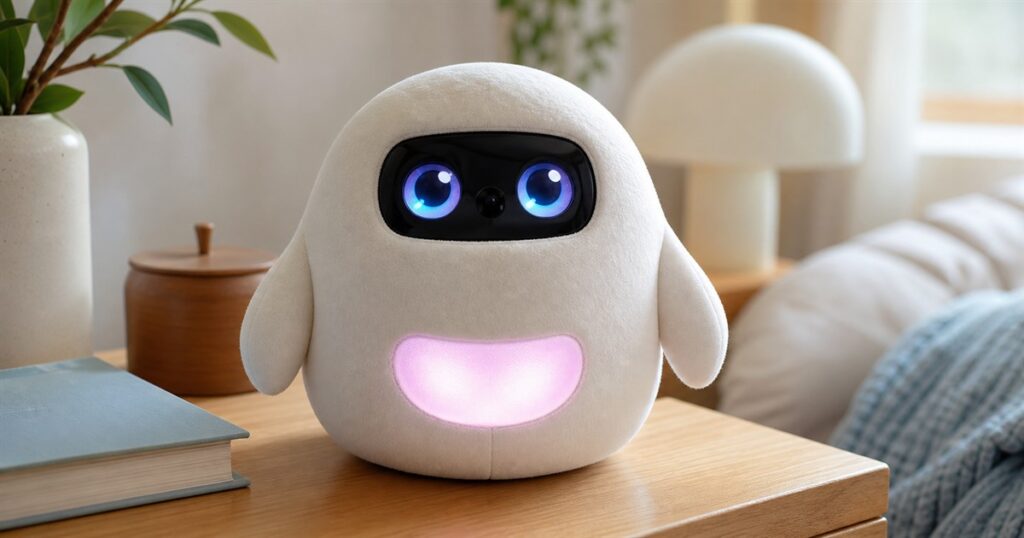 Pophie AI lifeform companion robot with glowing pink pocket on a bedside table
