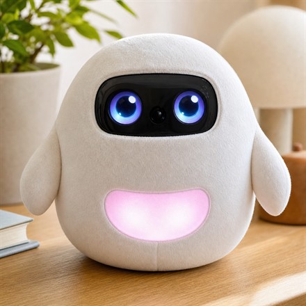 Pophie plush AI companion robot with expressive blue eyes and glowing pocket