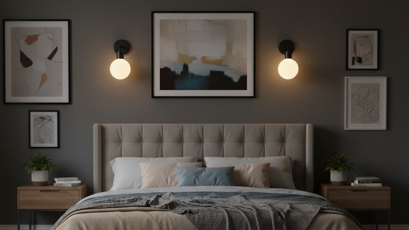 Two Poplight wall sconces glowing above a bed