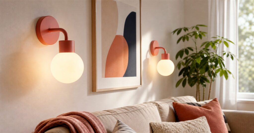 Generated no-text image of Poplight-style renter-friendly wall lights glowing in a living room