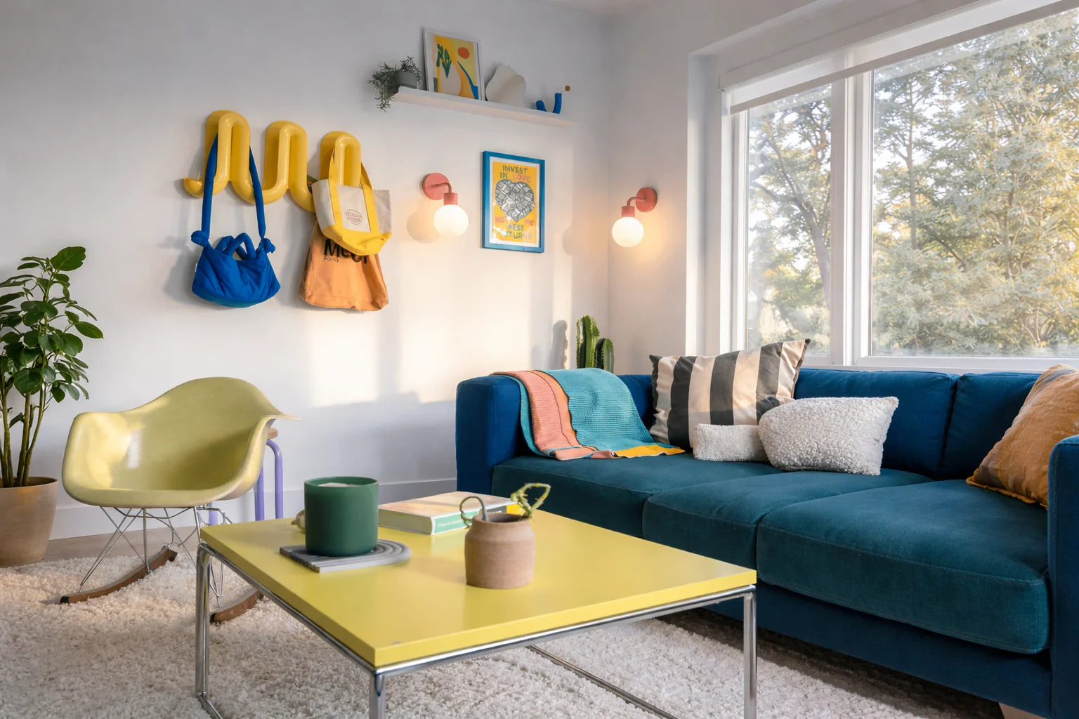 Poplight renter-friendly wall lights glowing in a colorful living room