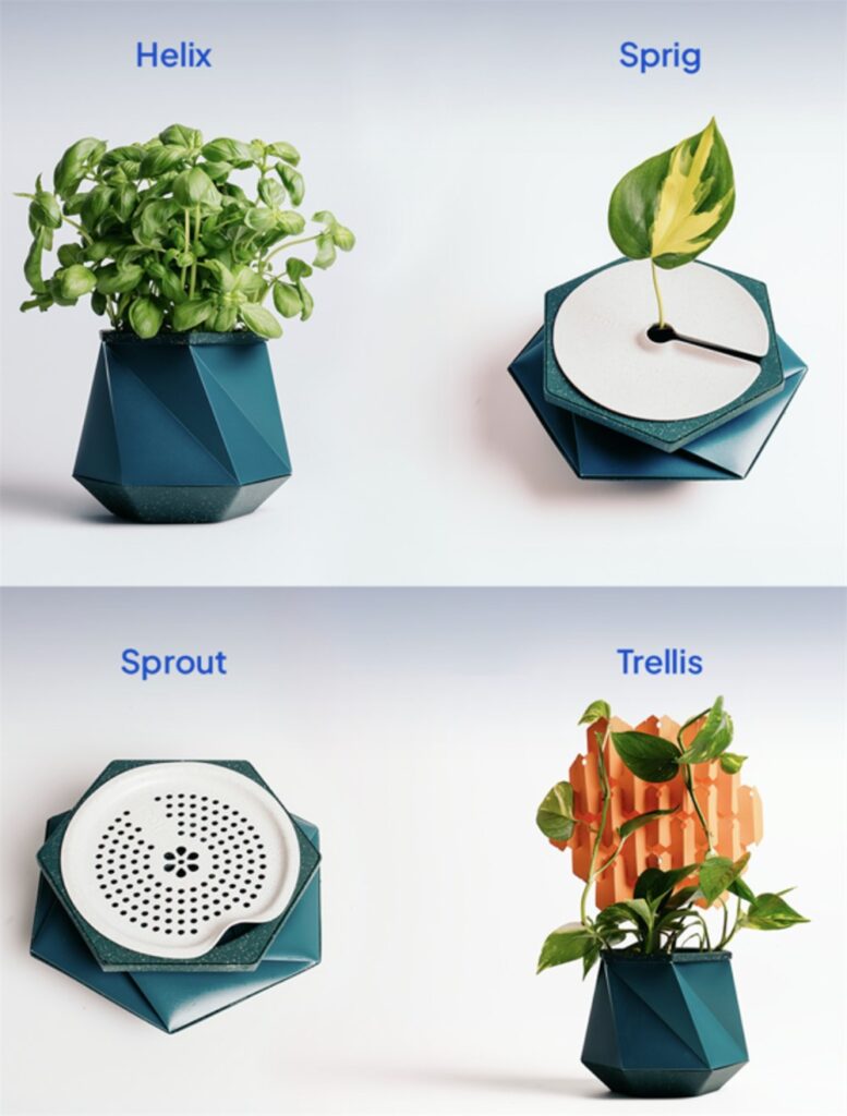 POTR Helix accessories and growing stages including sprout tray, propagation plate, trellis support, and main planter