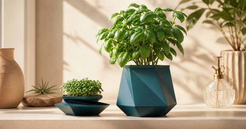 POTR Helix self-watering expanding plant pot with herb plant in a warm indoor product scene