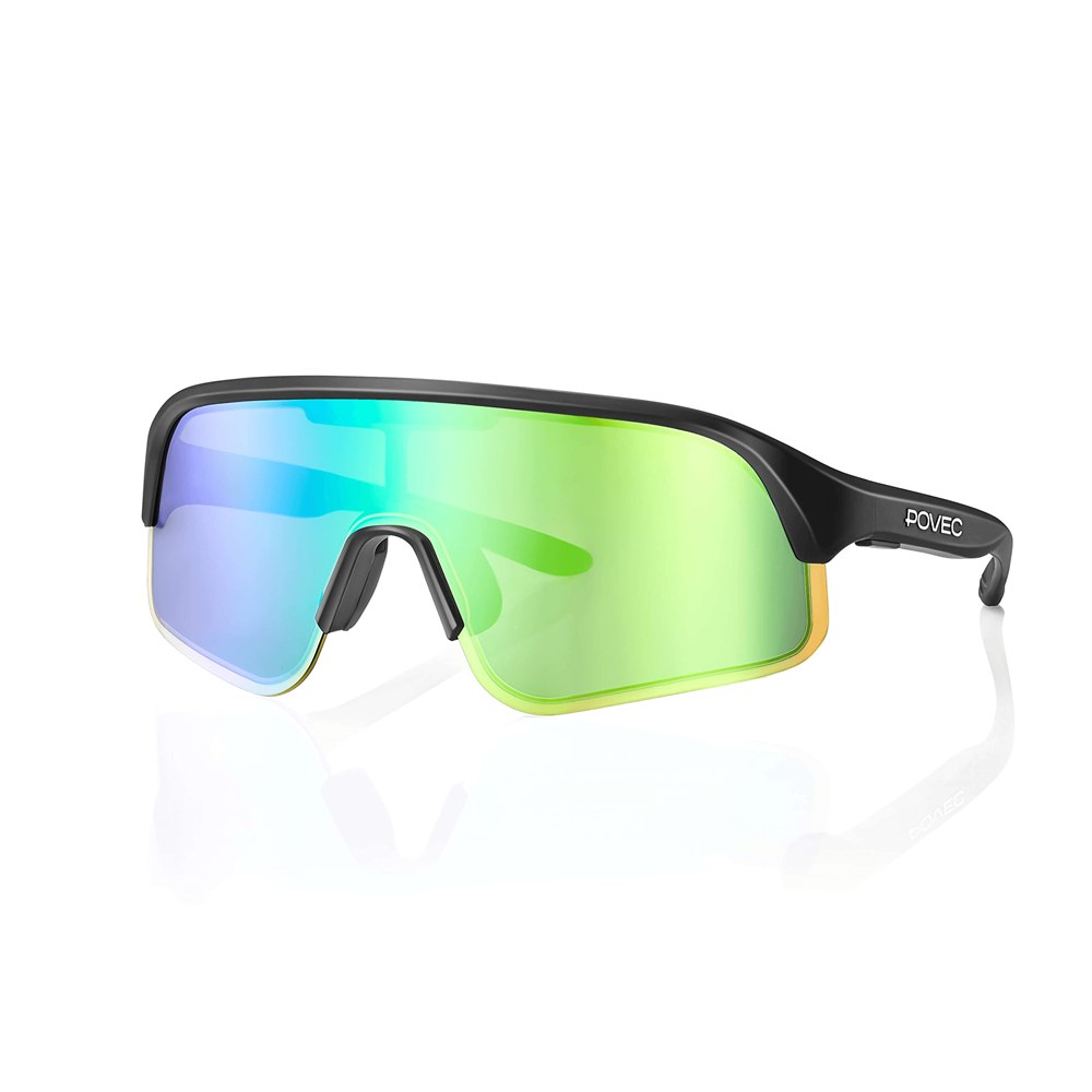 POVEC C1 electrochromic sport sunglasses with a green mirrored shield lens