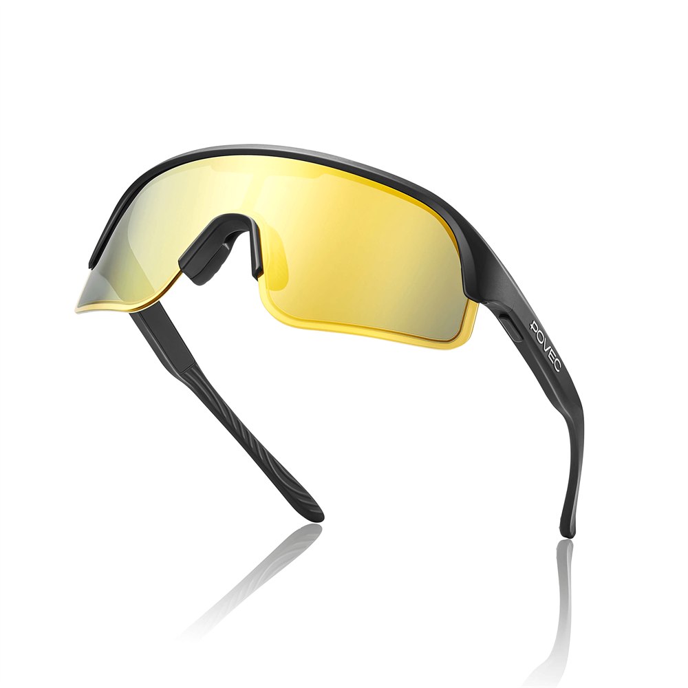 POVEC C1 sunglasses angled to show the shield lens and temple arms