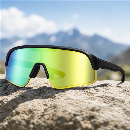 POVEC C1 electrochromic sport sunglasses close-up on a rocky outdoor surface