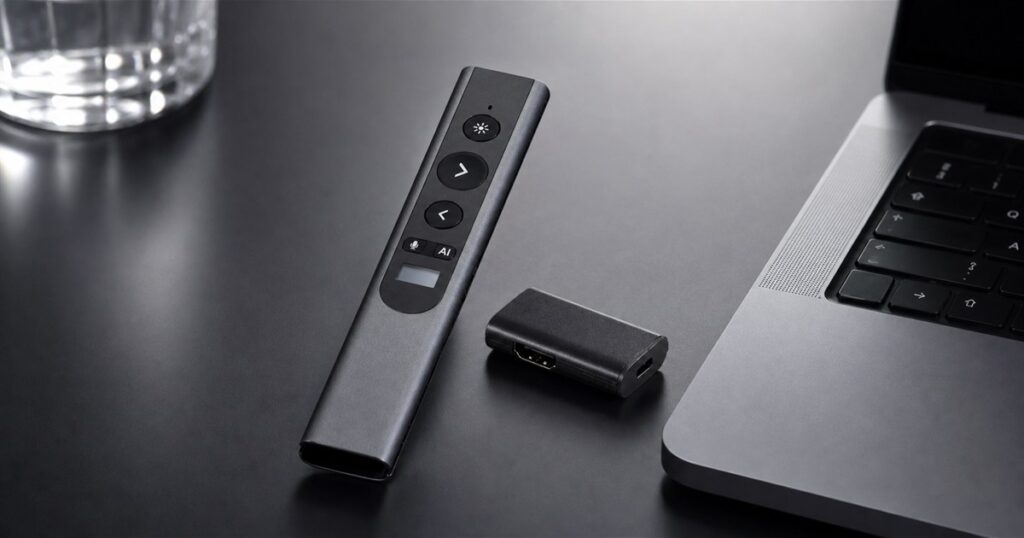 PowerRider P1 AI presenter remote with detachable USB-C hub on a desk