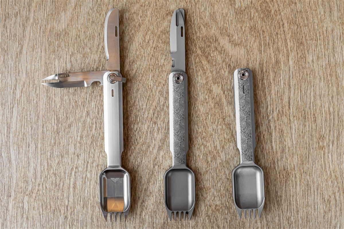The FieldSpork folded down into a compact pocketable titanium camping utensil