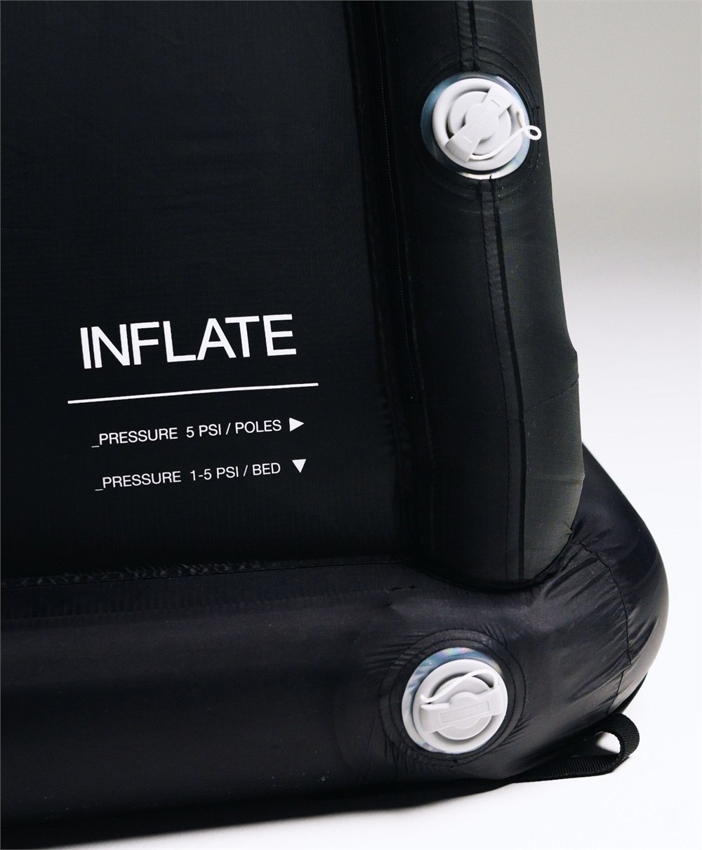 Close-up of the Puffer inflatable tent pressure valves and air-base