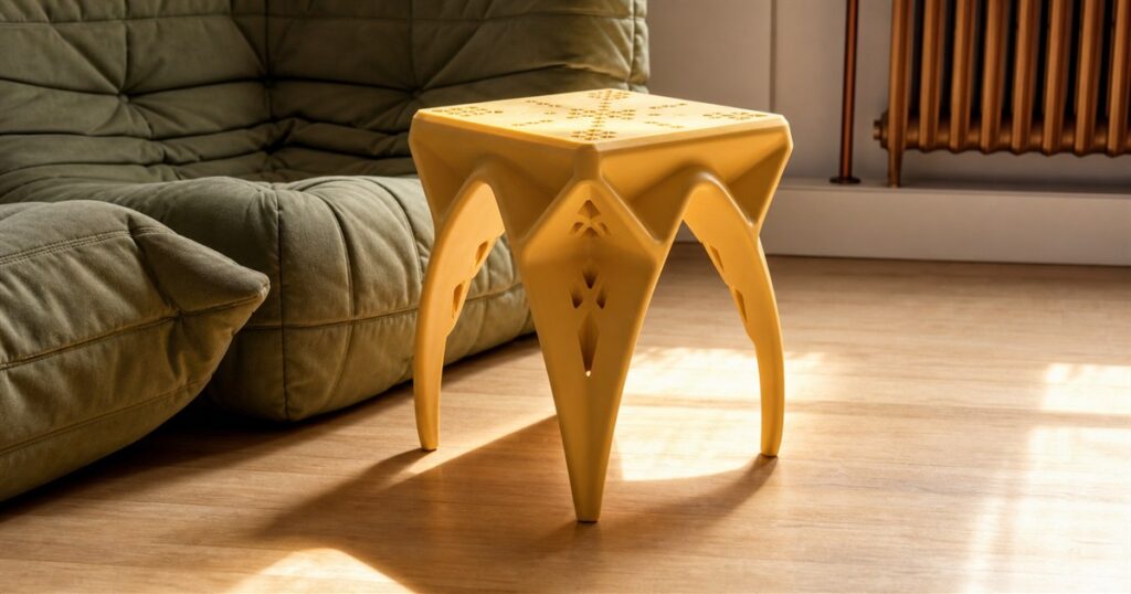 QWRKhouse CAVITY yellow 3D-printed stool and side table in a modern living room
