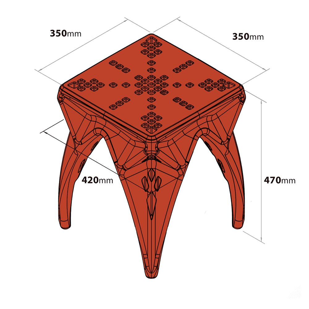 QWRKhouse CAVITY red stool side table with dimension callouts