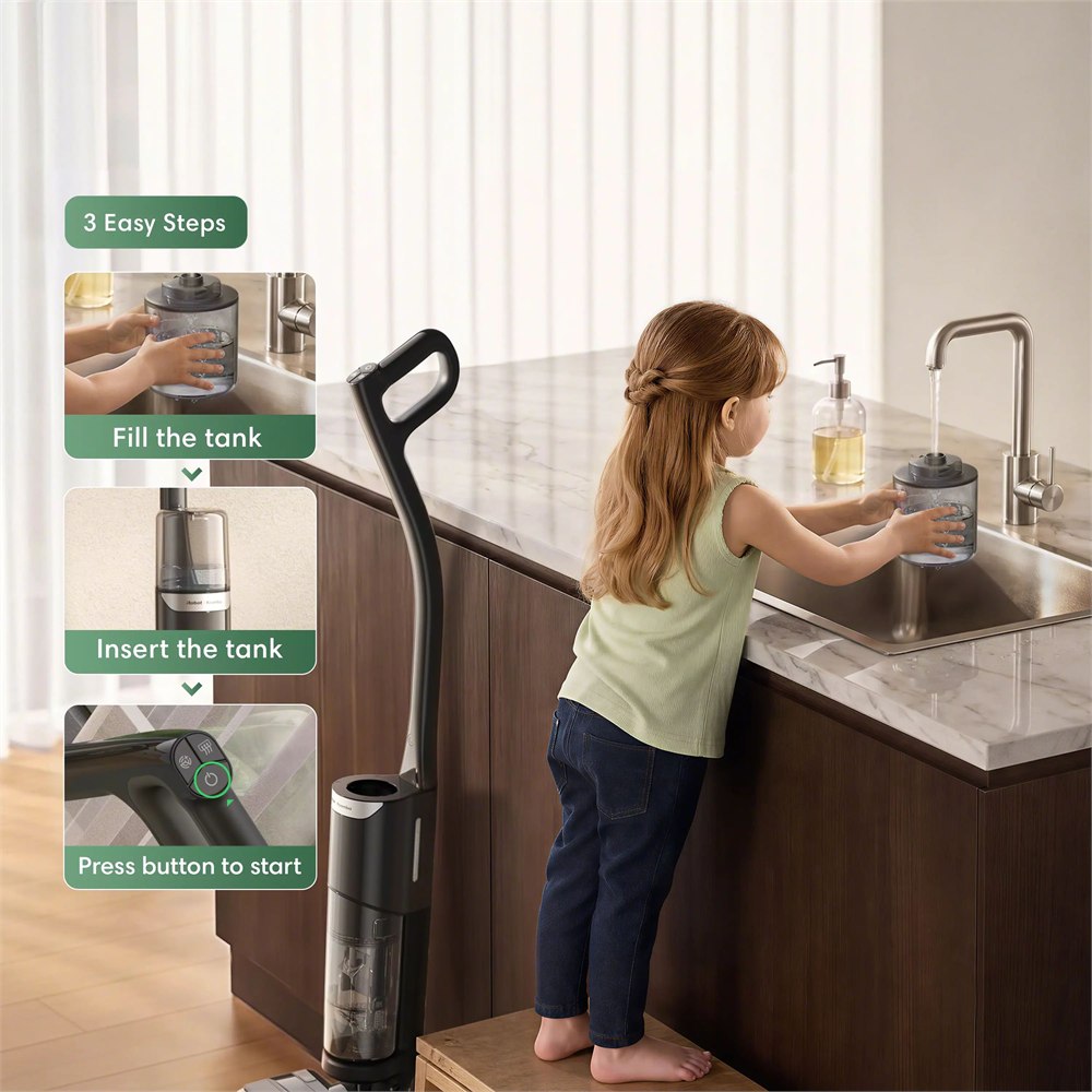 Roomba Electro Plus shown beside its three-step tap-water setup