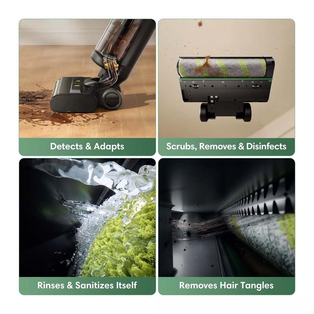 Roomba Electro Plus feature collage showing adaptive cleaning and self-cleaning