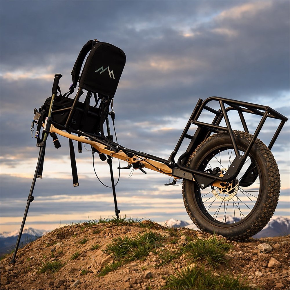 RuckTruck one-wheel backcountry gear hauler on a rocky mountain trail