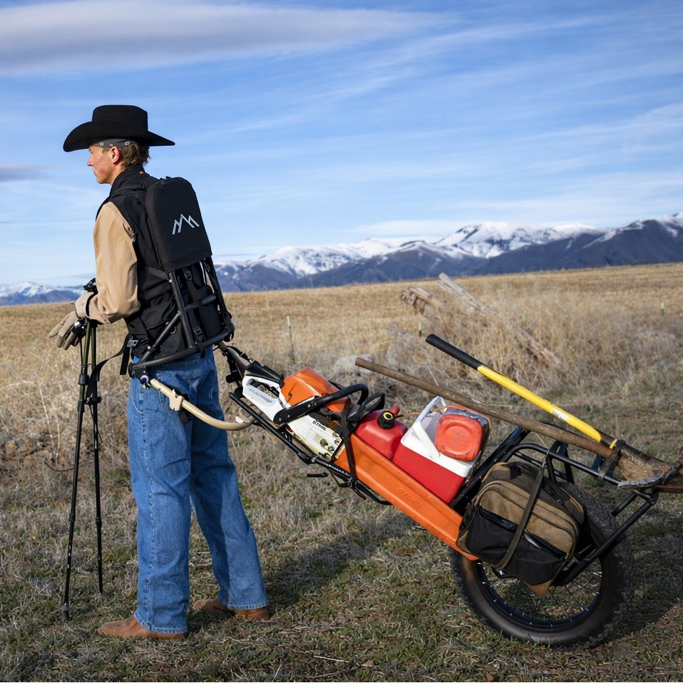RuckTruck frame shown with gear attached for trail hauling