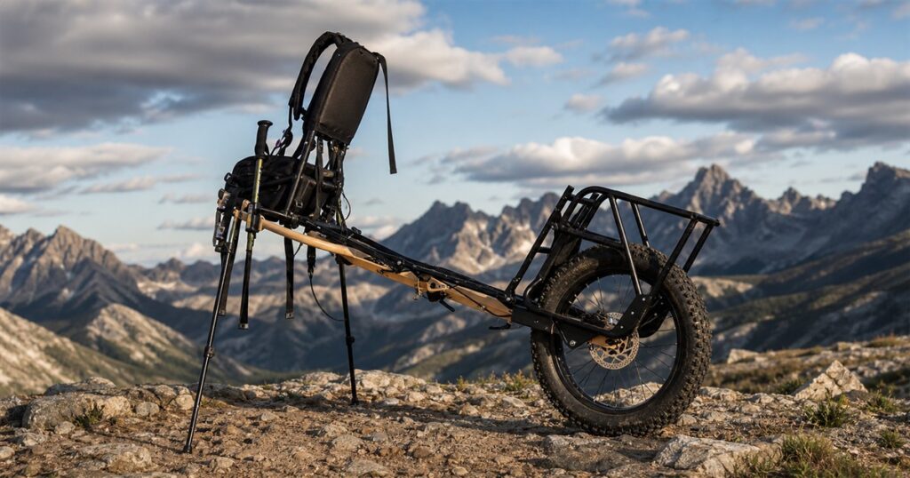 Generated no-text image of the RuckTruck one-wheel backcountry gear hauler on a rugged trail