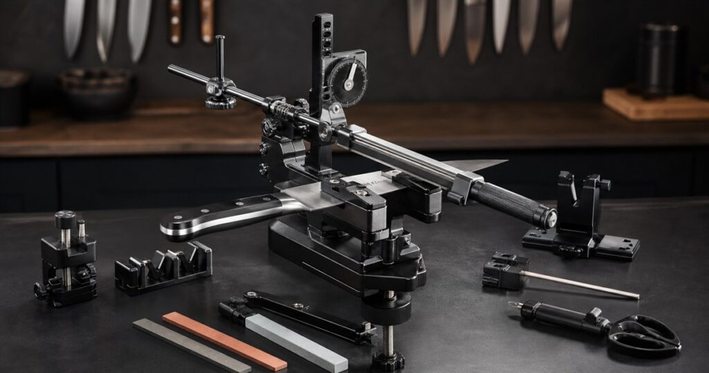 Ruixin Pro Omnix modular guided knife sharpener on a dark workbench