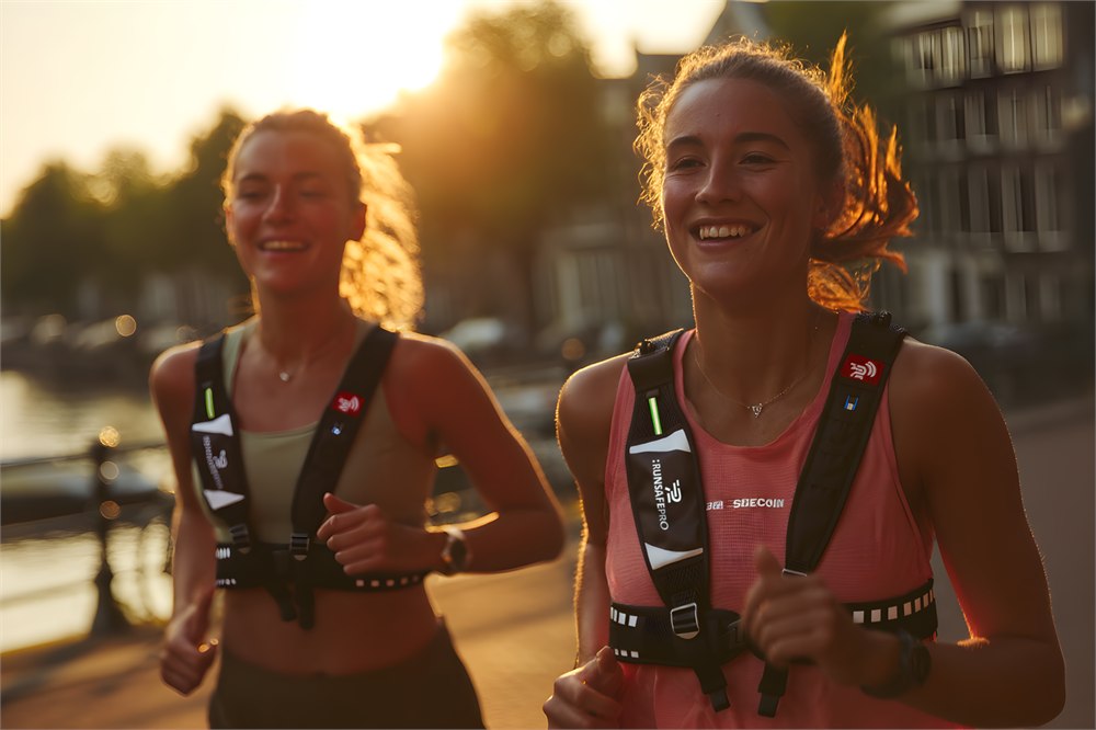 Two runners using RunSafePro safety vests outdoors