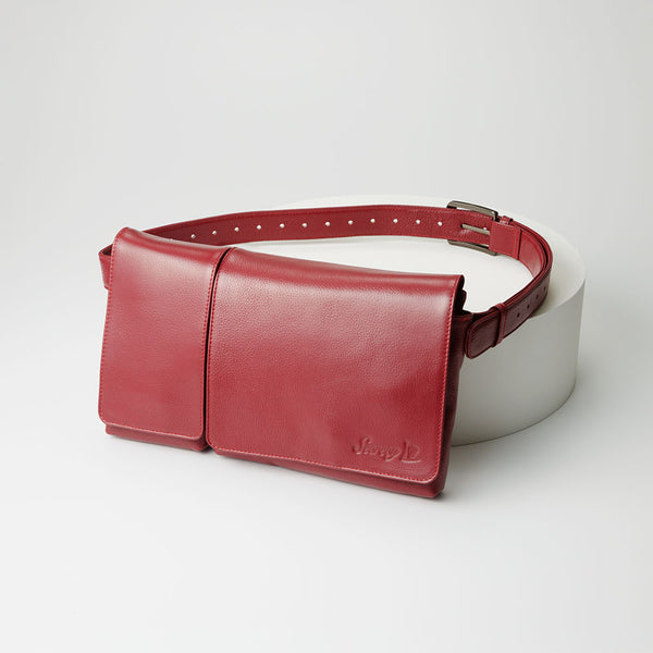 Red Secrecy CENTER BAG worn as a hip bag