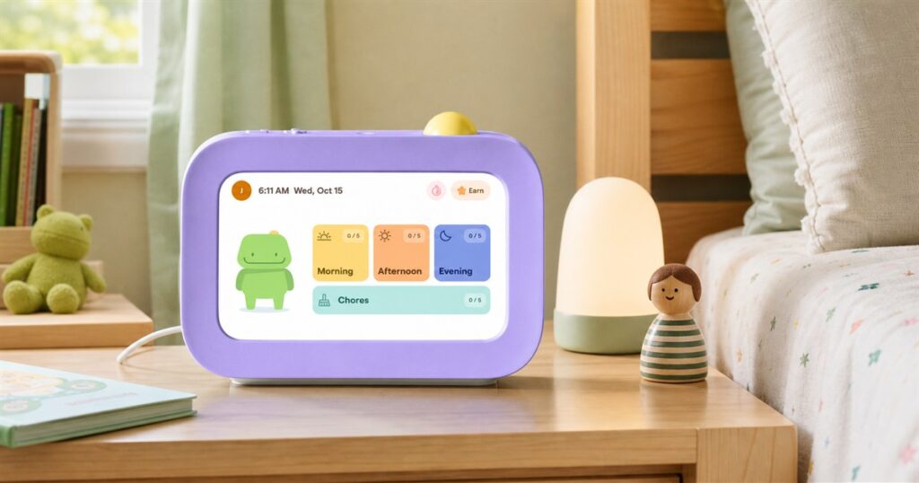 Skylight Buddy routine helper device on a child bedroom nightstand