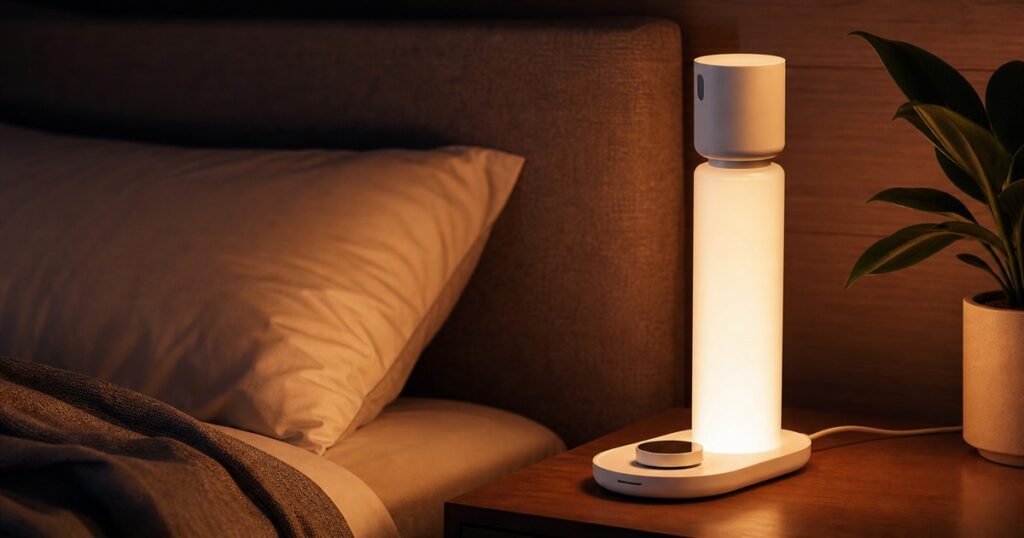 Sleep tracking lamp glowing on a bedside table