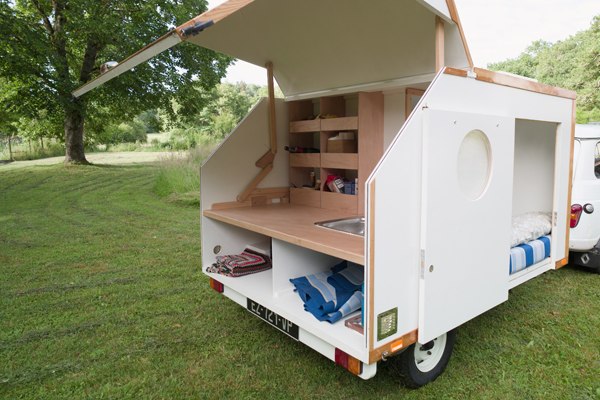 Woodenwidget Slidabox micro camper with rear galley hatch open