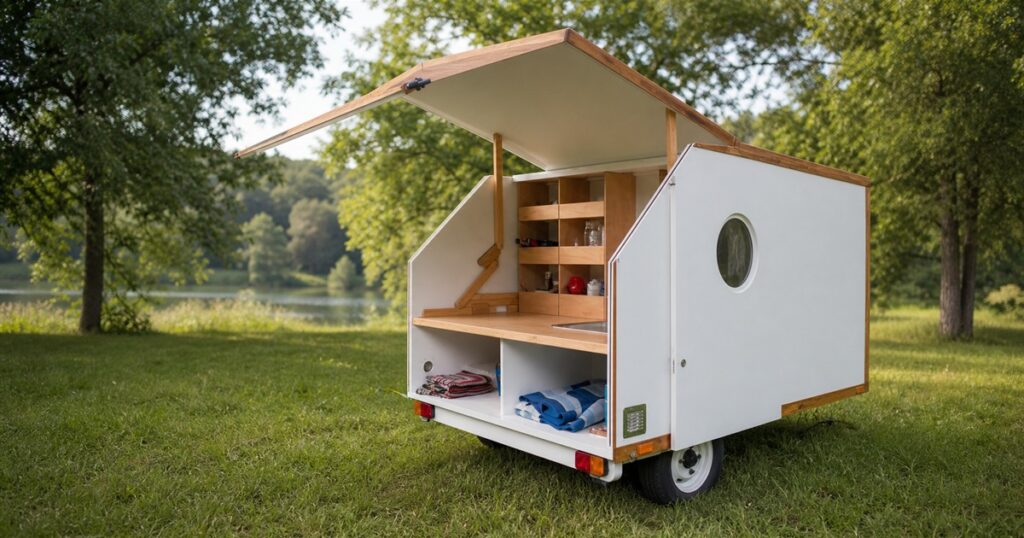 Generated editorial image of the Woodenwidget Slidabox expanding DIY caravan