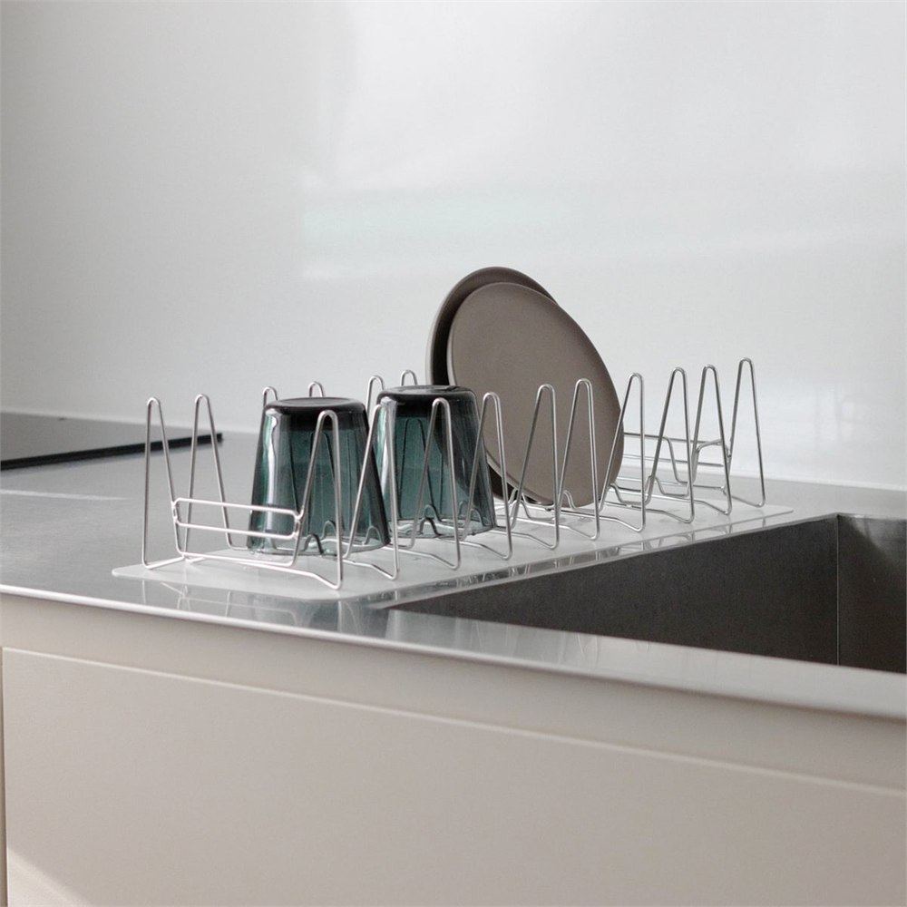 Slim Fold Dish Rack arranged with dishes and cups on a clean surface