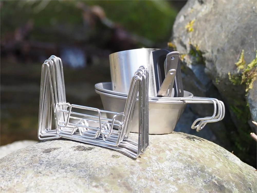 Slim Fold Dish Rack in a compact camping kitchen setup