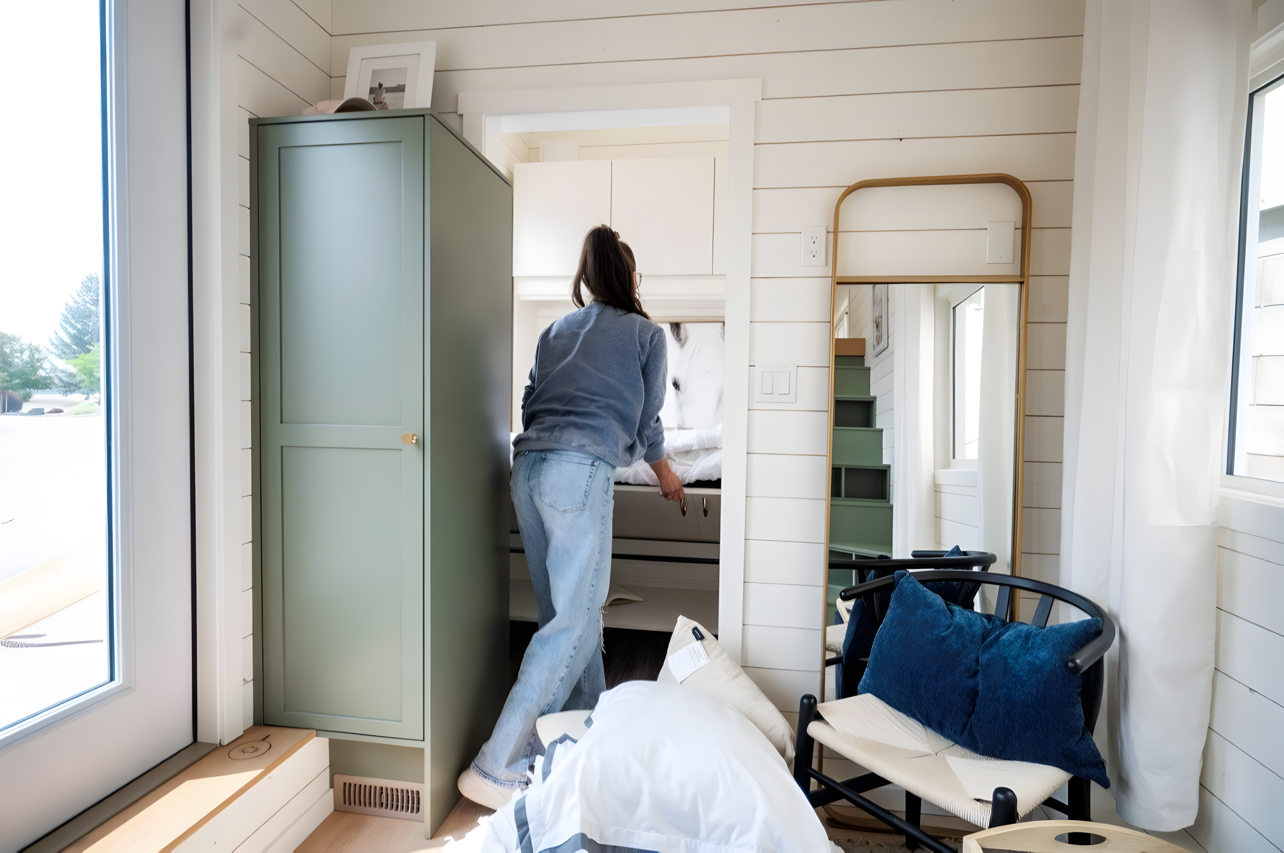 Storage stairs and main living space in the Smidge tiny house