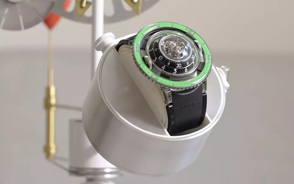 Close-up of the Solar Orbiter watch holder cup with an automatic watch inside