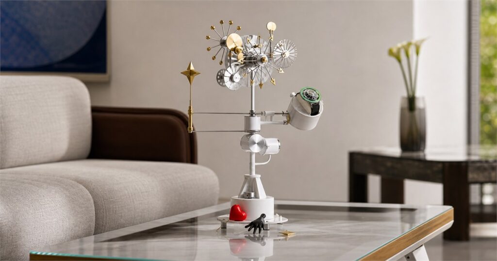 Generated no-text image of the Solar Orbiter sculptural watch winder on a refined tabletop
