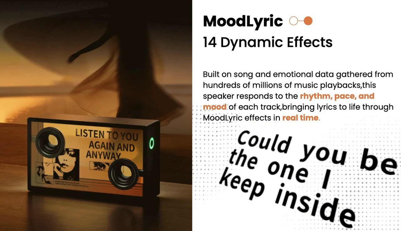 SonicGlass A1 speaker displaying animated lyric visuals