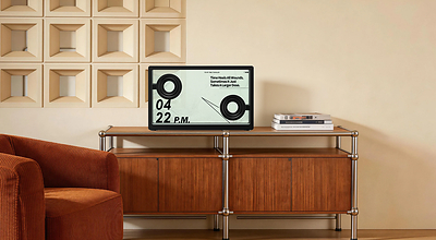 MorningBlues SonicGlass A1 transparent lyric speaker on a living room console