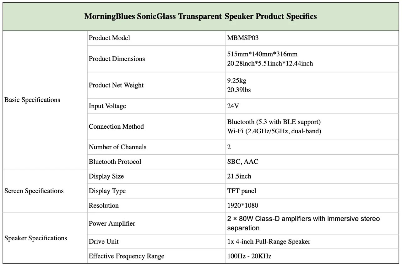 SonicGlass A1 transparent lyric speaker size and specification overview