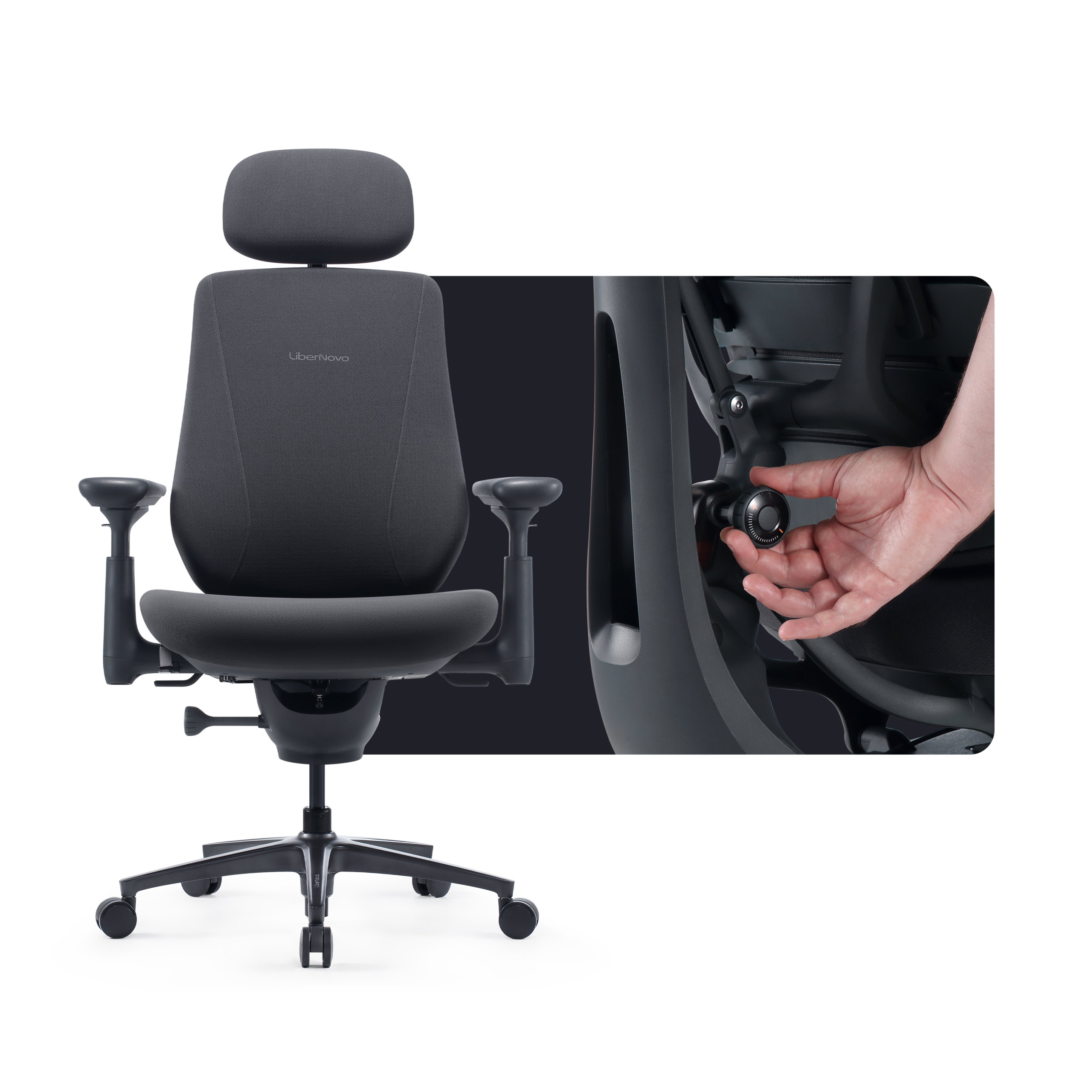 Back view of the LiberNovo Maxis chair with manual adjustment detail
