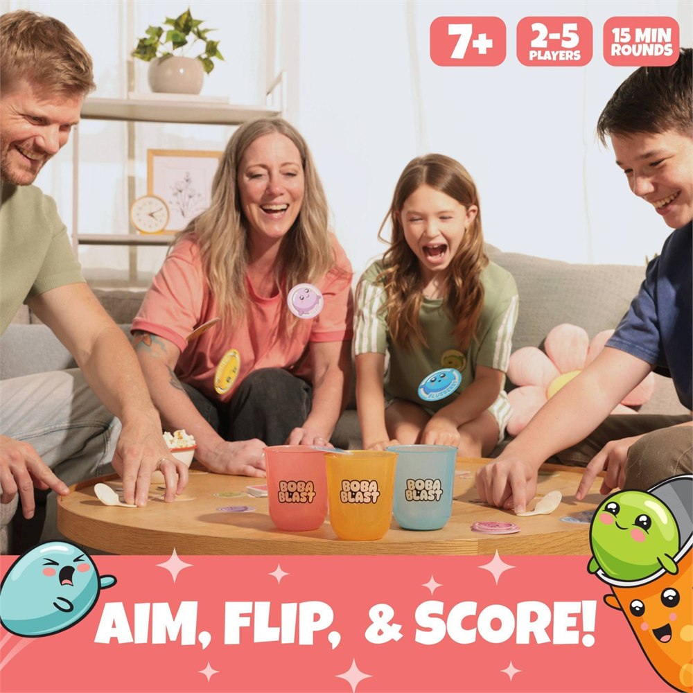 People playing Boba Blast around a coffee table