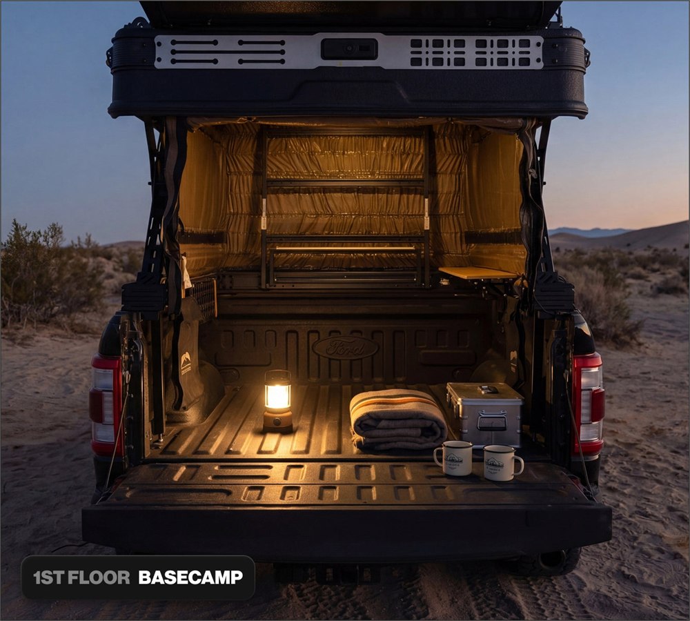 Wingman pickup camper lower basecamp area with lighting and table in the truck bed