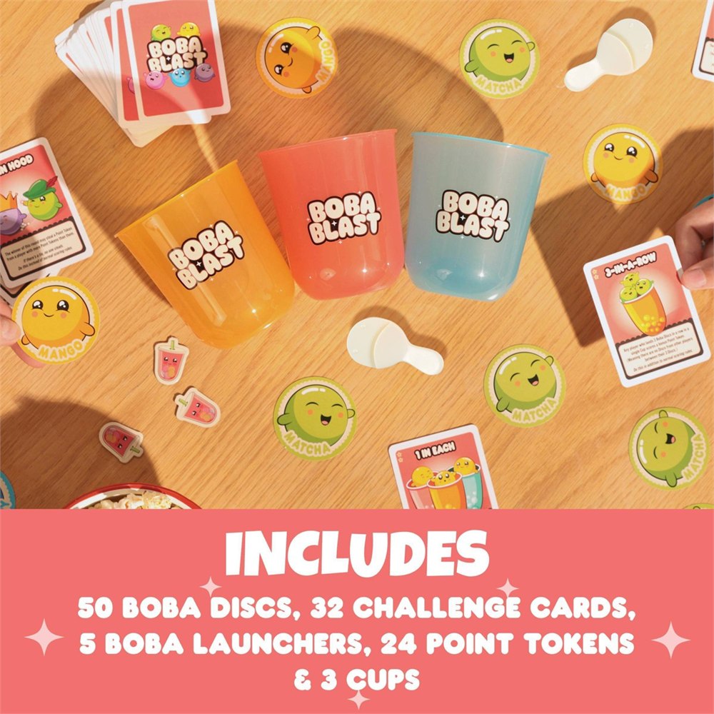 Boba Blast game components including cups tokens and cards