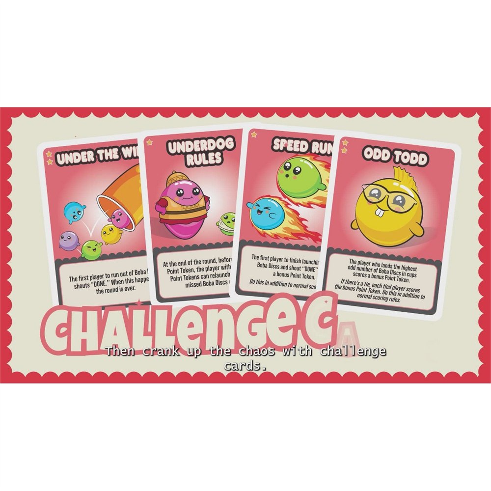 Boba Blast challenge cards with colorful game pieces