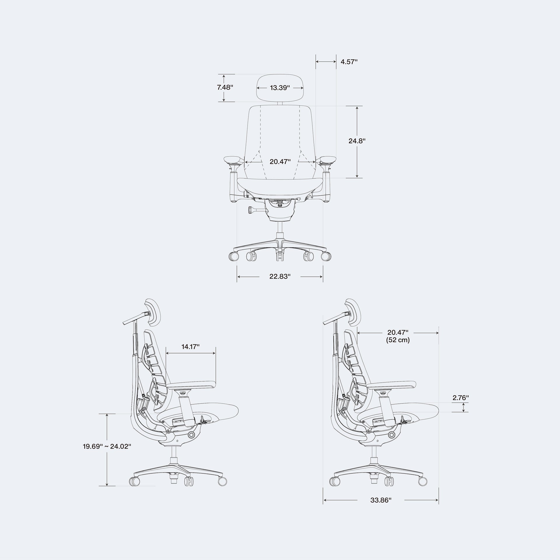 Dimension diagram showing the wide seat and tall back of the LiberNovo Maxis chair