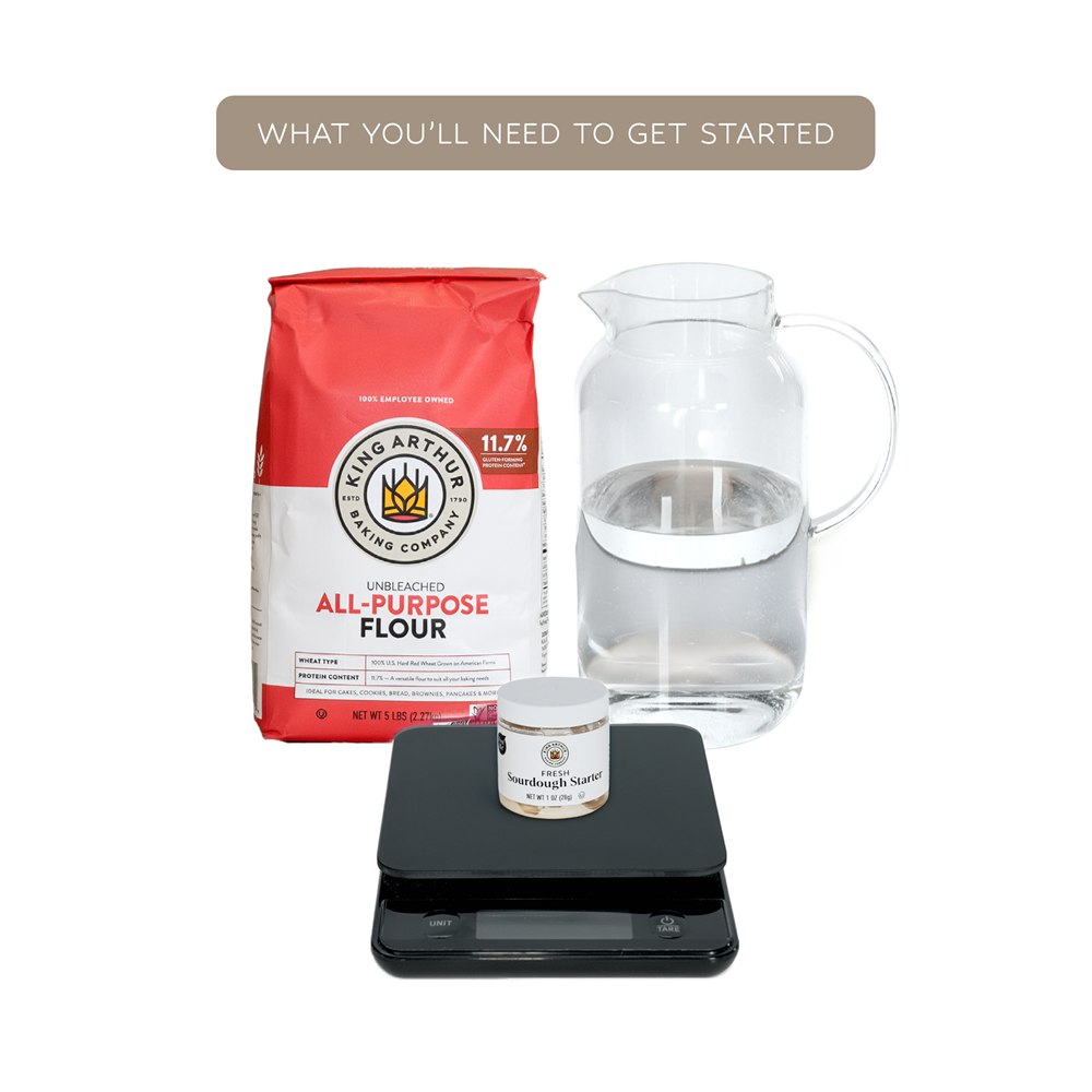 Flour water starter and scale shown with Sourdough Sidekick supplies