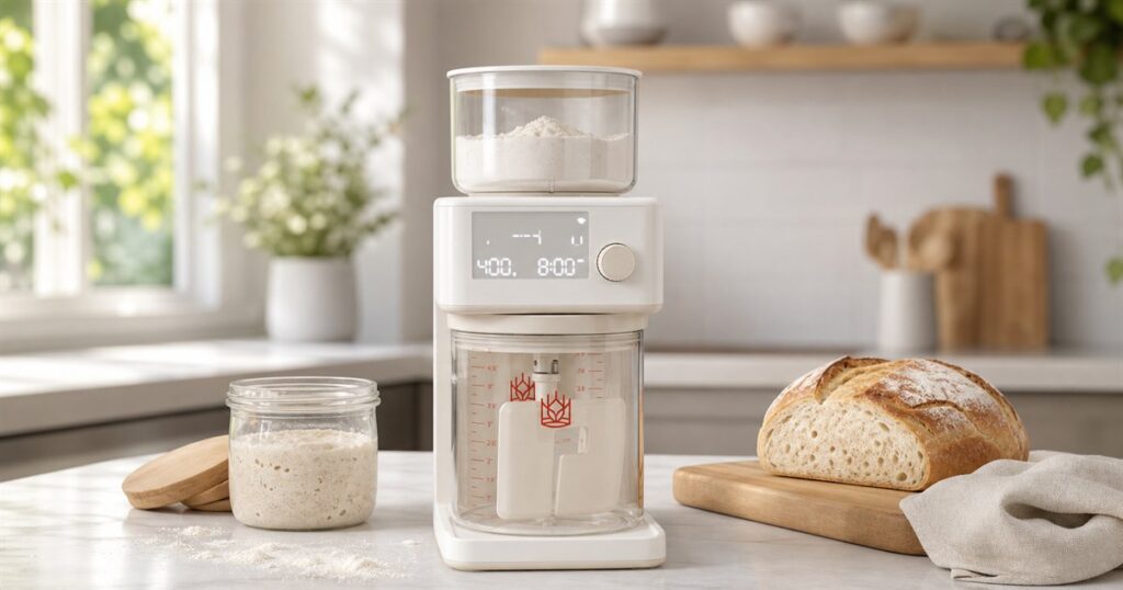 Generated no-text editorial image of the Sourdough Sidekick automatic starter feeder