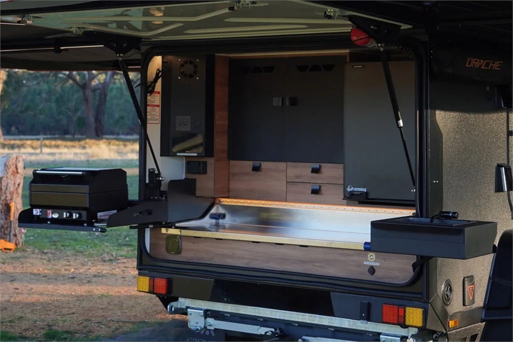 Stockman Rover swing-out stainless camp kitchen under the awning