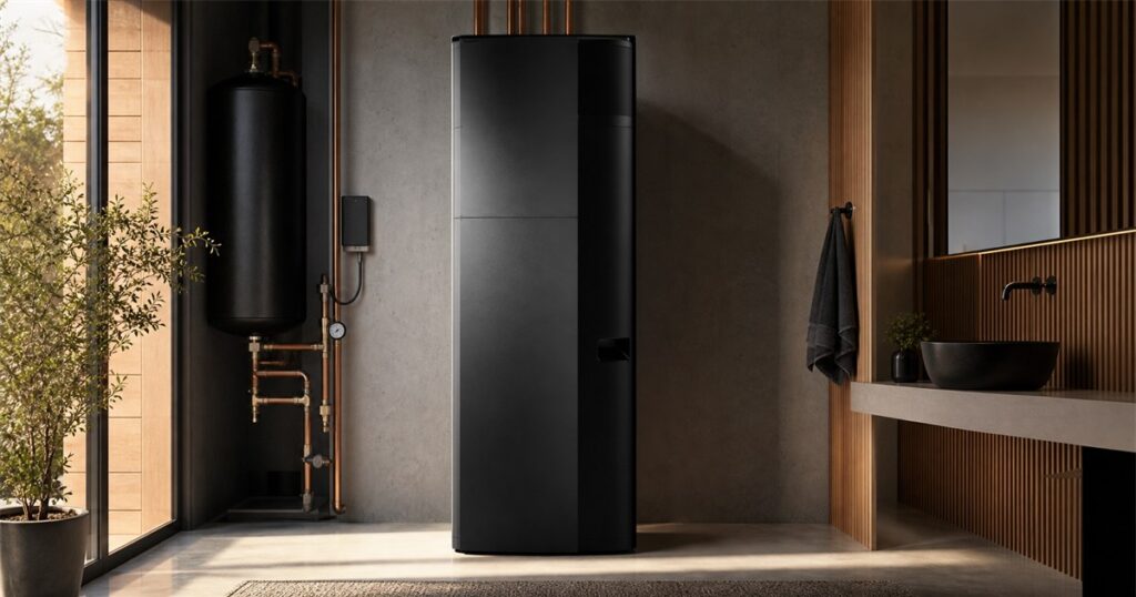 AI-generated editorial image of the Superheat H1C Bitcoin-mining water heater
