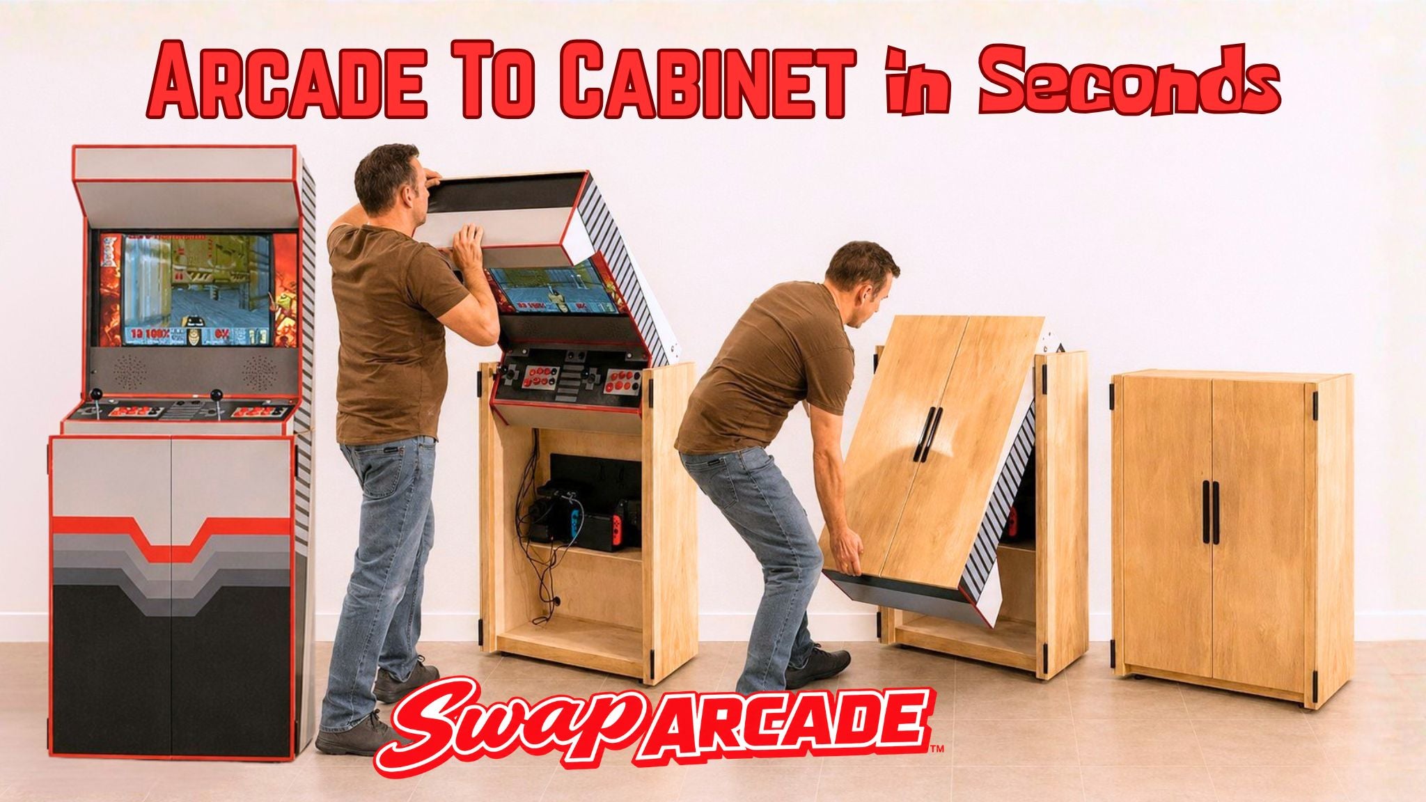 Swap Arcade full-size arcade cabinet in open play mode