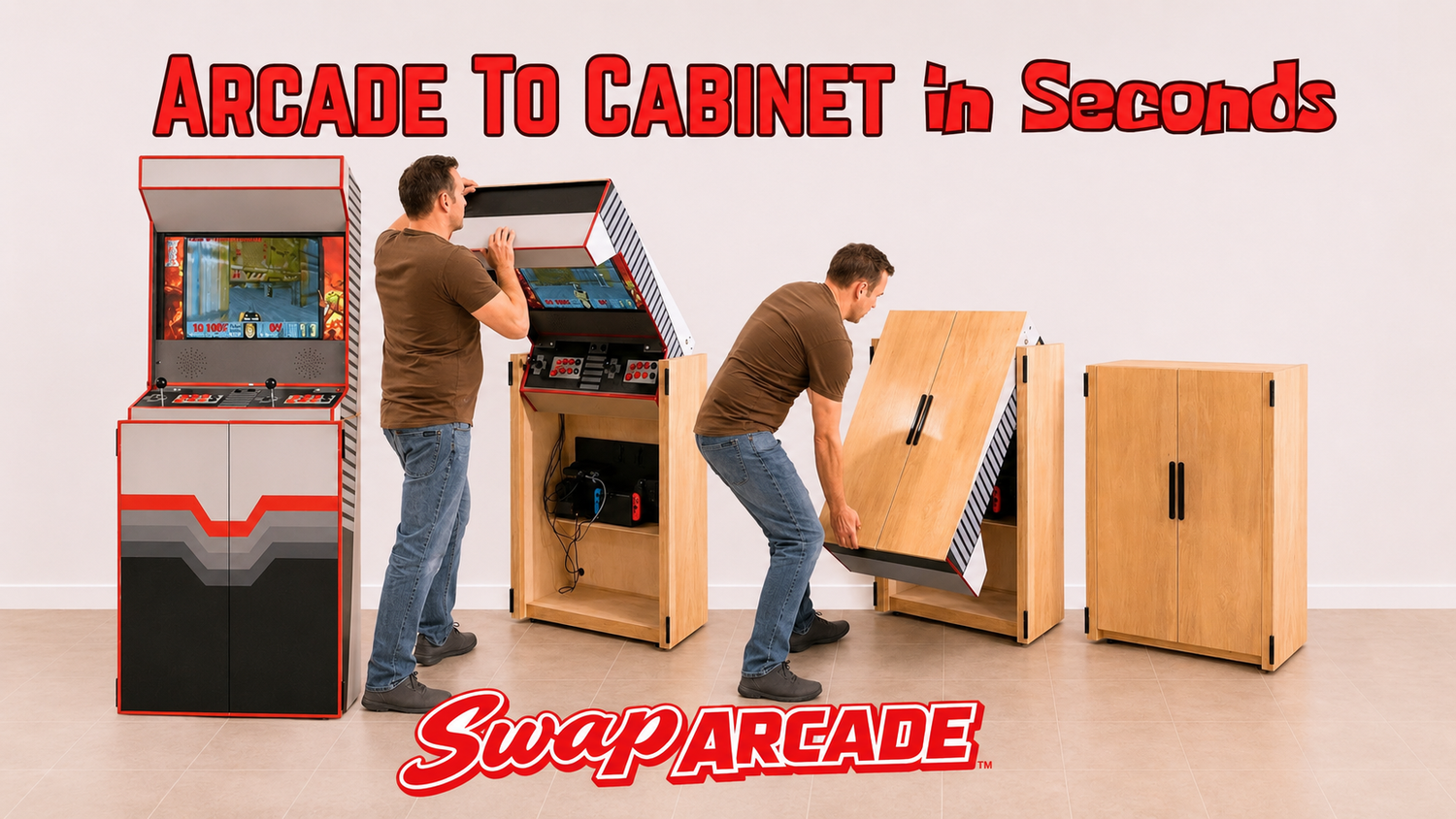 Swap Arcade transforming from furniture cabinet to arcade machine